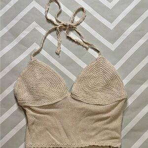 Zara Women’s Boho Cream Knit Cropped Halter Top